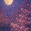 満開の桜並木に満月が照らす夜、桜吹雪が月光に舞う幻想的な春の吉野山の風景