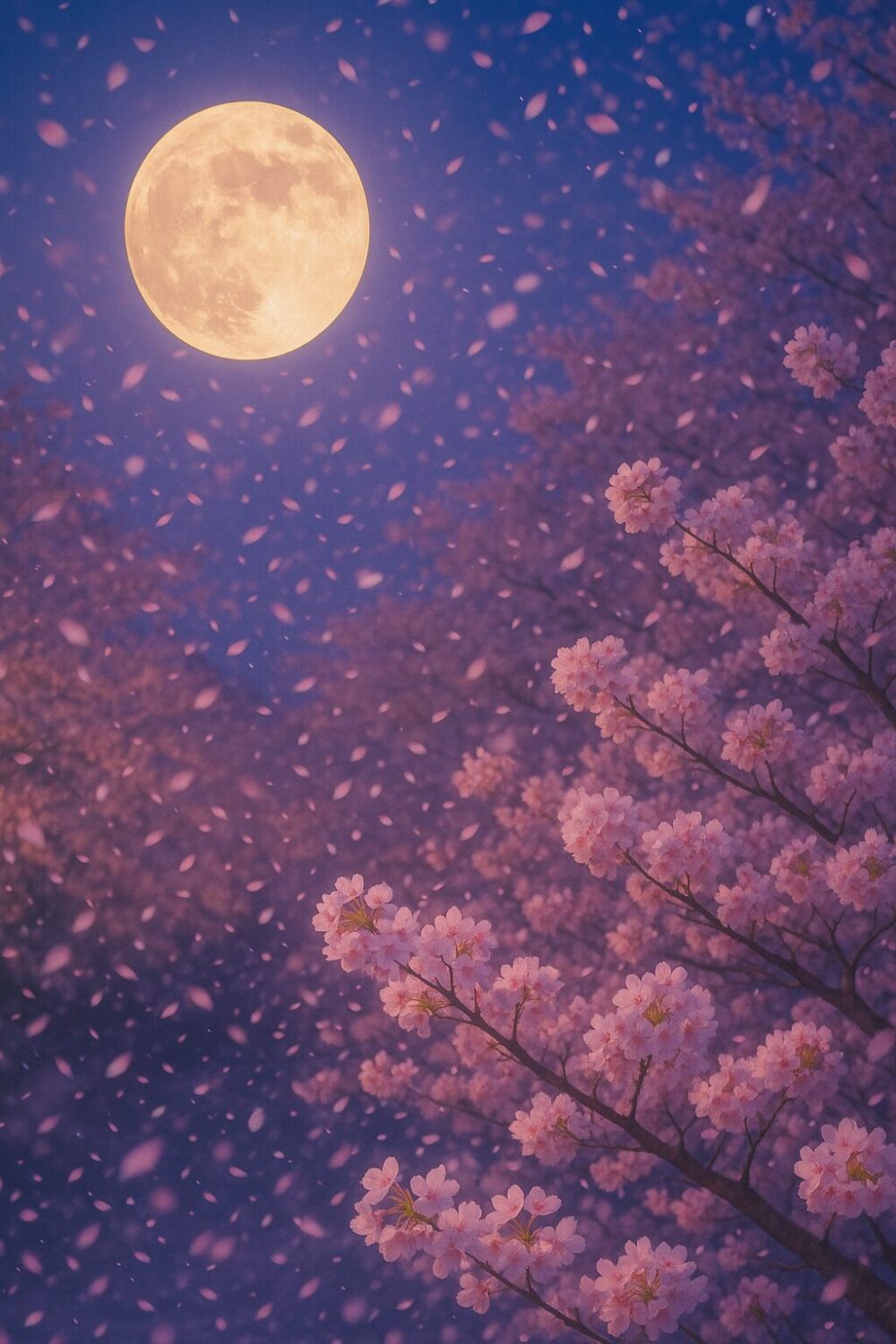 満開の桜並木に満月が照らす夜、桜吹雪が月光に舞う幻想的な春の吉野山の風景