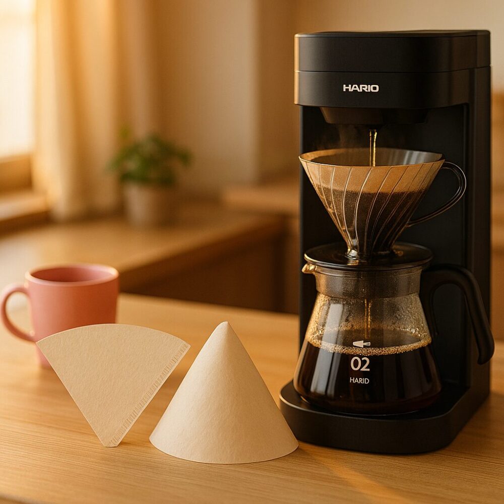台形型と円錐型フィルターを使ったコーヒーメーカーが並ぶ朝のキッチン風景