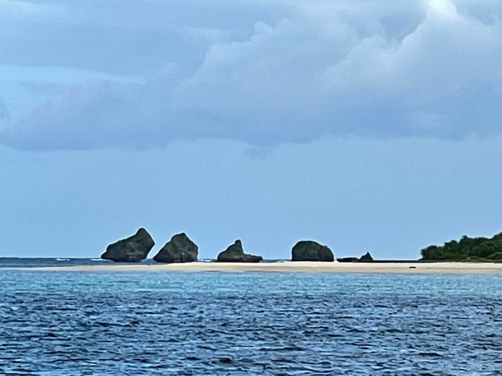 大神島の沖に並ぶ個性的な奇岩群