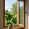 開いた窓辺に小さな観葉植物が置かれ、柔らかな自然光と風がカーテンを揺らす風水的に気の巡りを感じる室内の写真