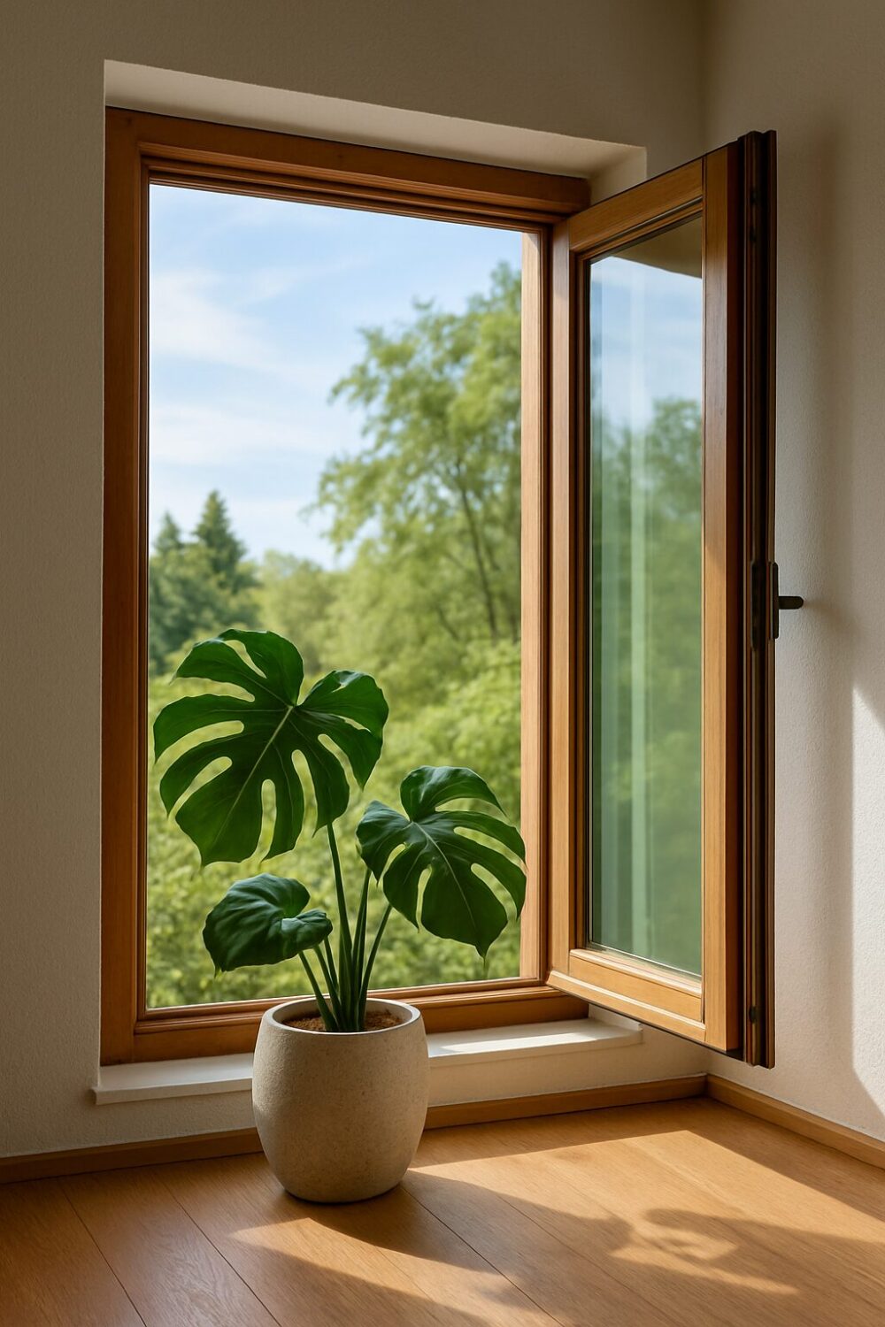 開いた窓辺に小さな観葉植物が置かれ、柔らかな自然光と風がカーテンを揺らす風水的に気の巡りを感じる室内の写真
