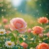 朝露に濡れた優雅なバラと白い小花が、キラキラの木漏れ日の中で光をまとって咲いている様子。心を癒し、意識をそっと切り替える美しい花々のイメージ。