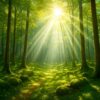 明るい朝の森に天使の梯子のような光芒が差し込む、苔むす緑の森林風景