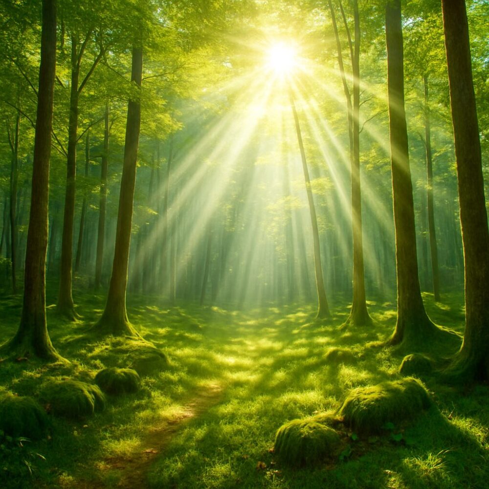 明るい朝の森に天使の梯子のような光芒が差し込む、苔むす緑の森林風景
