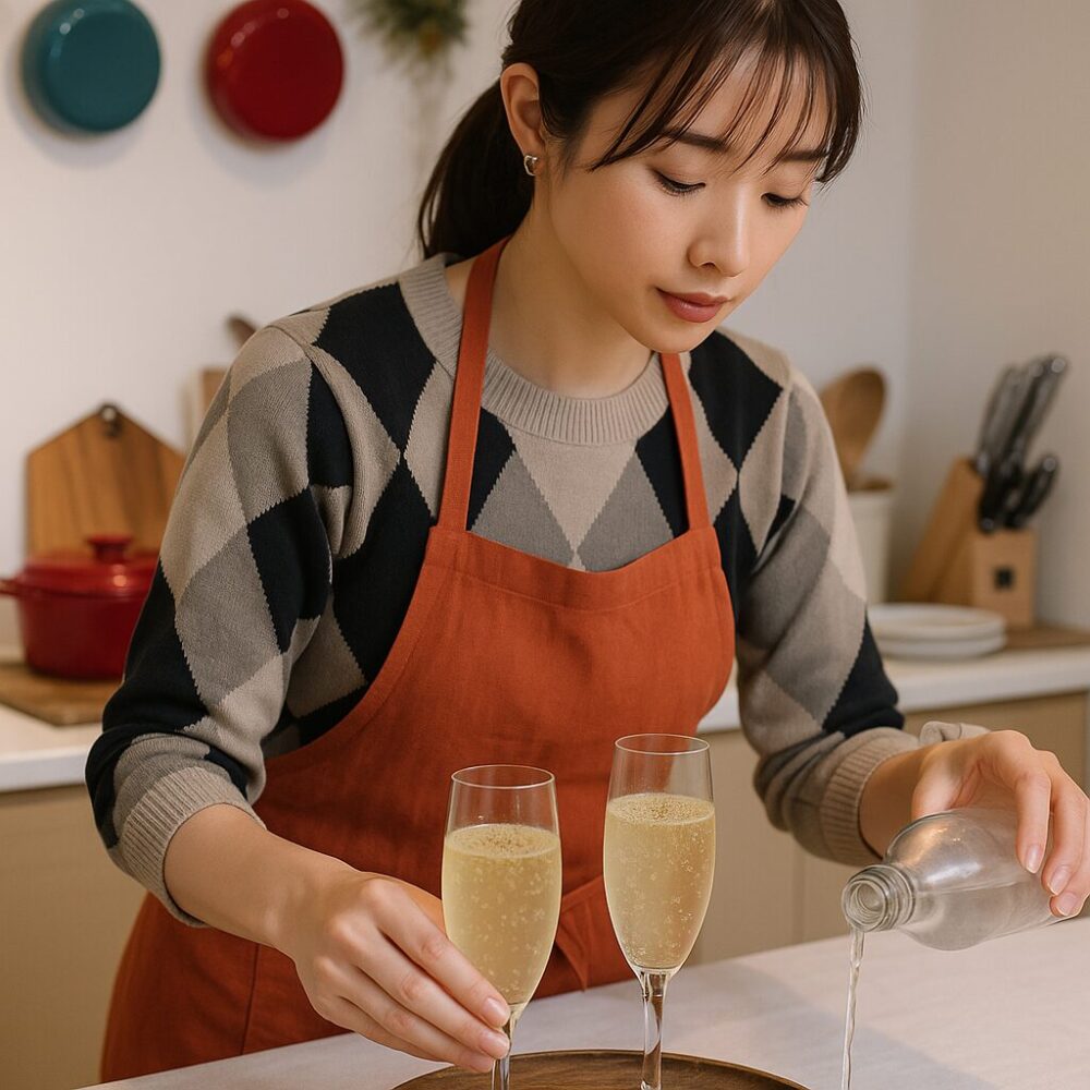 丁寧な暮らしを象徴する山椒ソーダのウェルカムドリンクを注ぐ女性のキッチンシーン