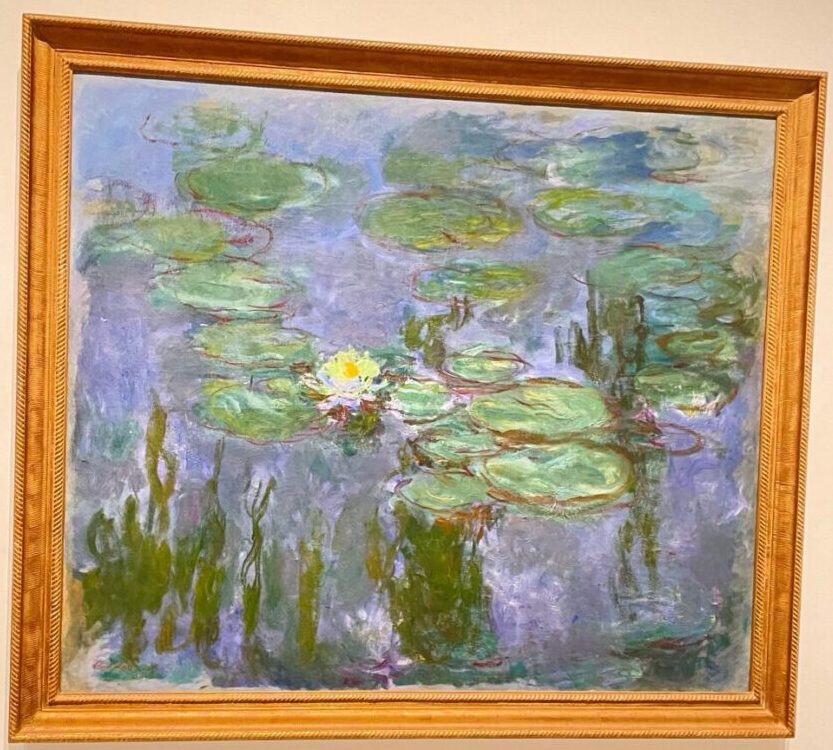 水面に浮かぶ大きな睡蓮の葉と白い花を描いたモネの《睡蓮》。