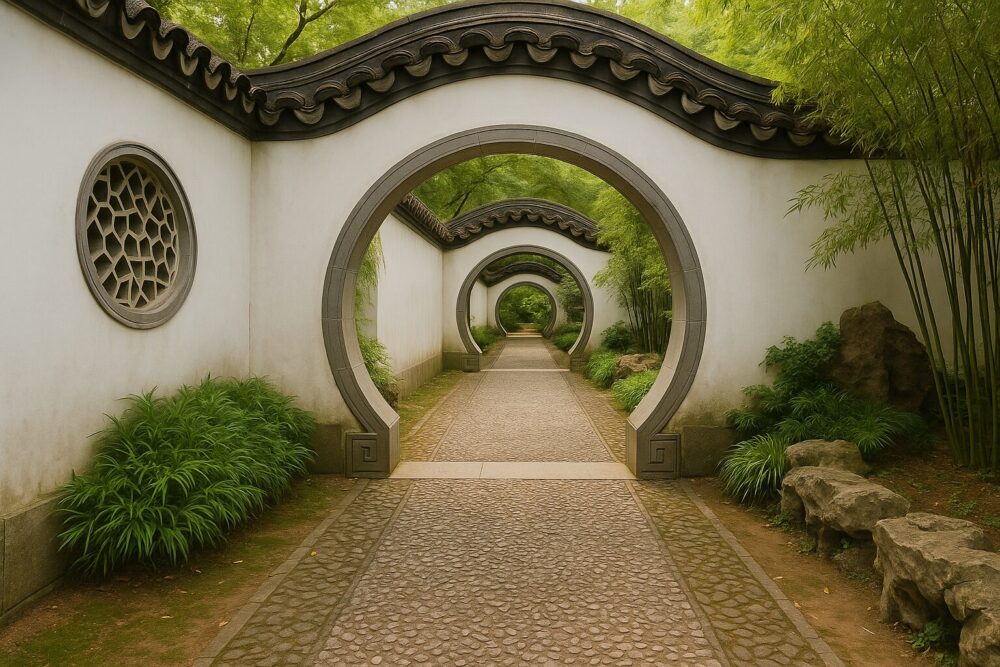 中国庭園の回廊に並ぶ複数の円形門（満月門）。白壁と黒い瓦屋根、左右に緑豊かな竹や植栽が配され、奥まで連なる門が美しい遠近感を生み出している。