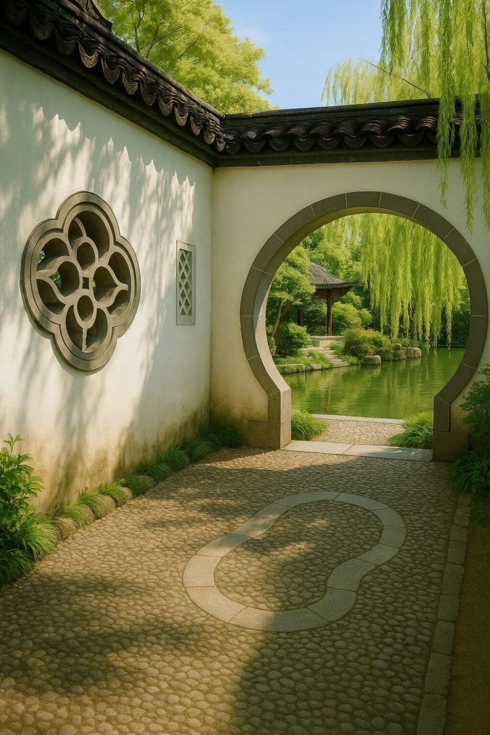 花窓と鍵穴洞門が並ぶ中国庭園の回廊。白壁の向こうには池と柳が揺れる景色が広がる。
