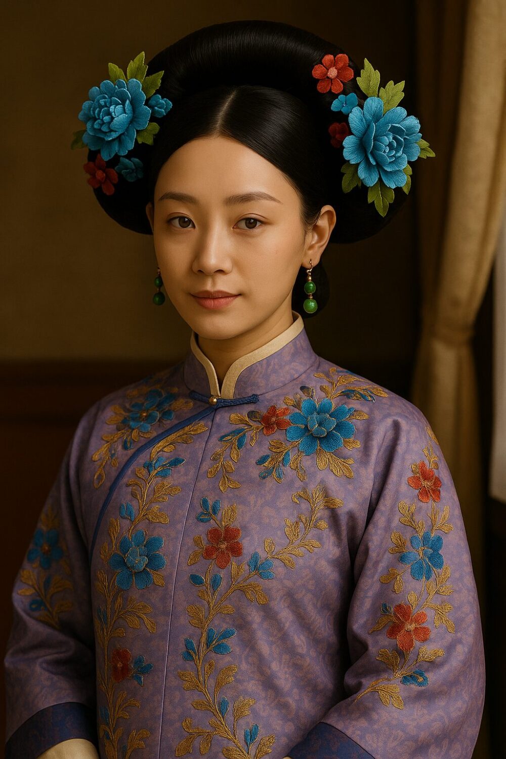 清朝宮廷風の女性が、紫地に鮮やかな花刺繍を施した衣装をまとい、両側に青と赤の絨花を飾った髪型で正面を見つめている。背景は室内で、落ち着いた雰囲気。