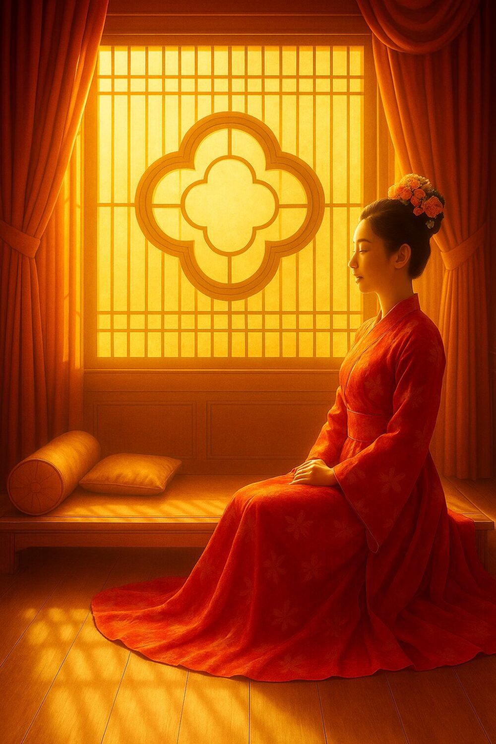 花窓を背景に紅色の衣装で座る女性。柔らかな光が差し込む中国風の室内。