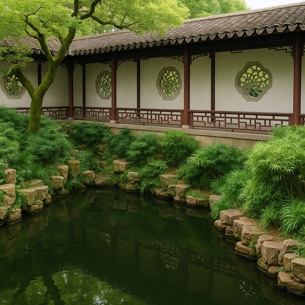 緑豊かな庭園の白壁に並ぶ花格子窓。池の水面に景色が映り込む中国建築の回廊。