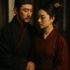 寄り添う古代中国風の男女。男性は黒い衣と高い冠をかぶり、女性は深紅の装束に金の簪を挿してうつむいている。情緒ある静かな雰囲気の中、控えめな手のふれあいが印象的。