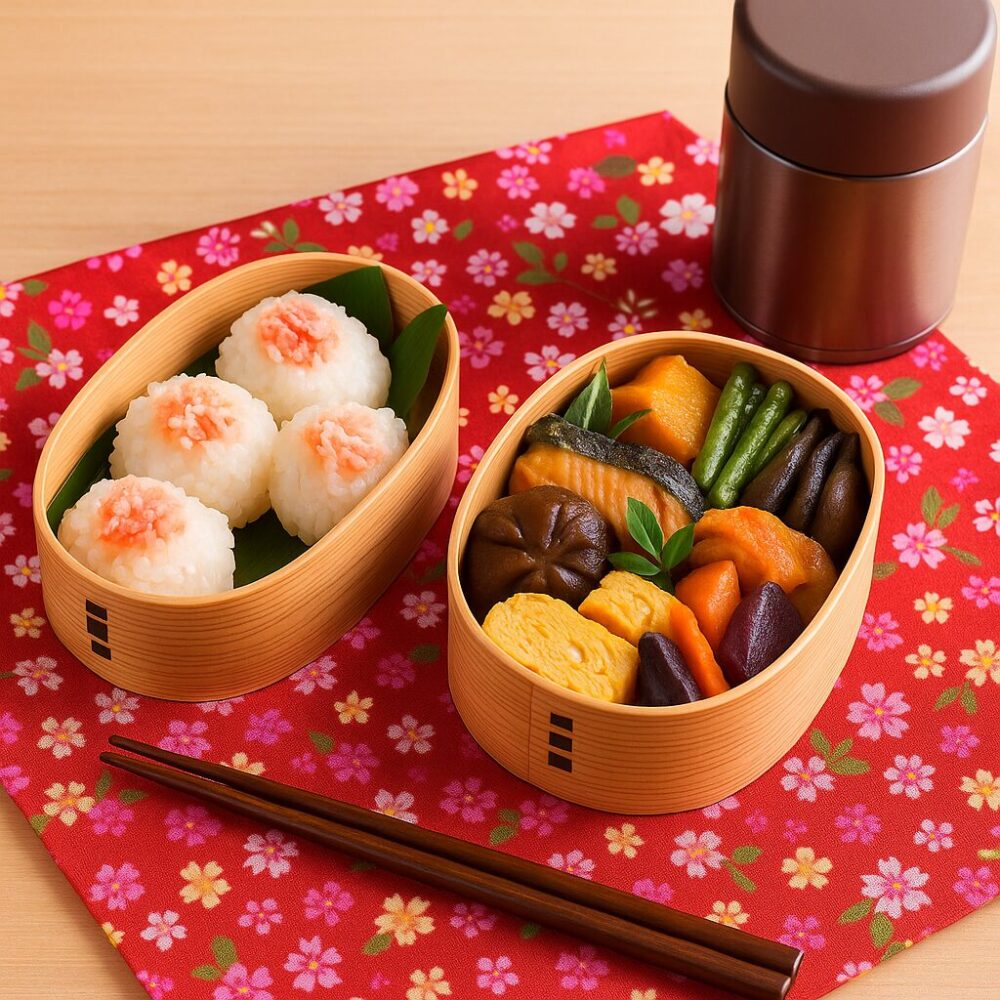 華やかな敷物の上に並べられた小判型弁当。左はおにぎり、右は色とりどりのおかずが詰められており、曲げわっぱ弁当箱の温かみが引き立っている。