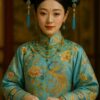 華やかな刺繍の水色常服をまとい、翡翠や金の装飾品を身に着けた若い中国清代風の女性の正面ポートレート。