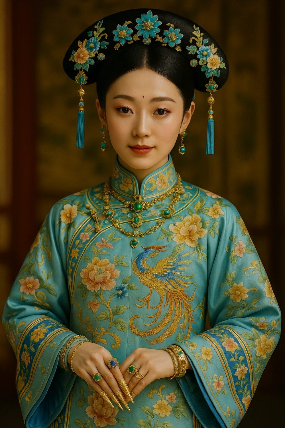 華やかな刺繍の水色常服をまとい、翡翠や金の装飾品を身に着けた若い中国清代風の女性の正面ポートレート。