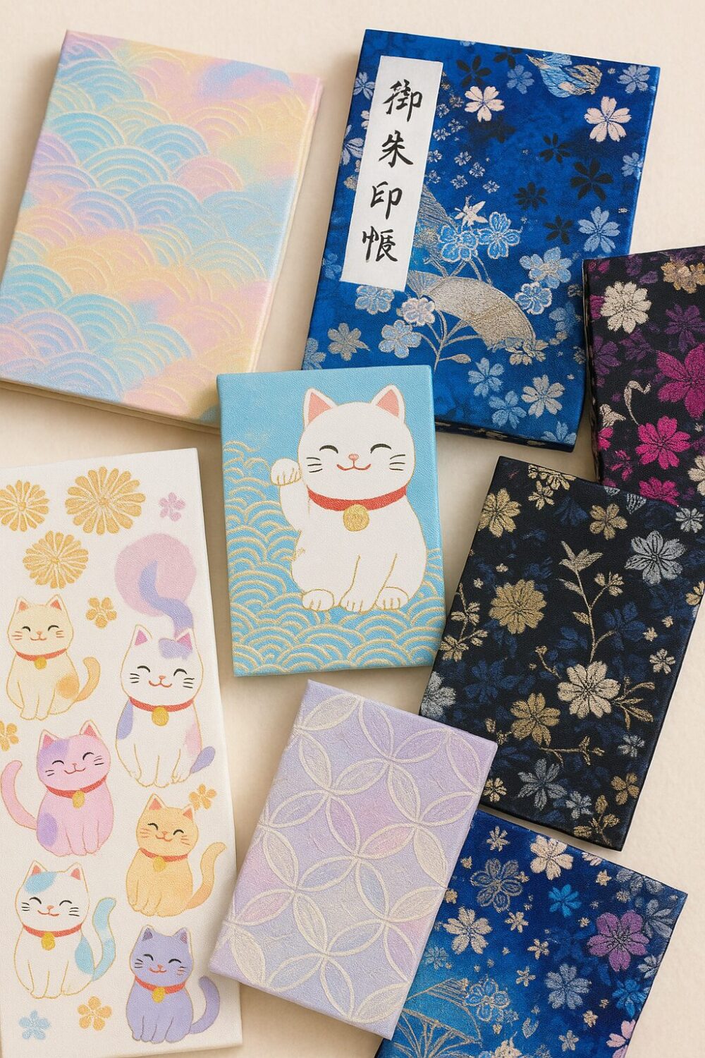 パステルカラーの御朱印帳と、可愛らしい猫のイラストをあしらった御朱印帳が並ぶ華やかなディスプレイ