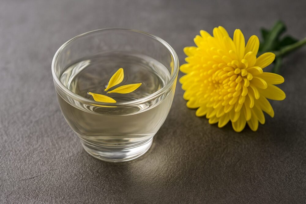 重陽の節句に飲まれる菊酒。透明なグラスに浮かぶ黄色い食用菊の花びらが美しく映える