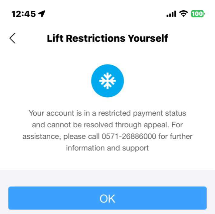 Alipayアカウントが制限され「Lift Restrictions Yourself」と表示された画面
