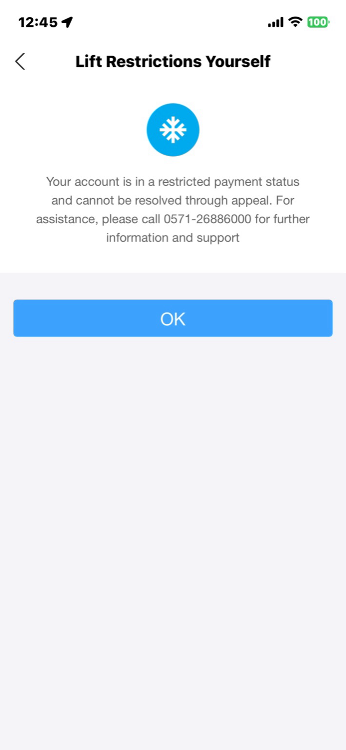 Alipayでアカウント凍結時に表示された「Lift Restrictions Yourself」の英語画面