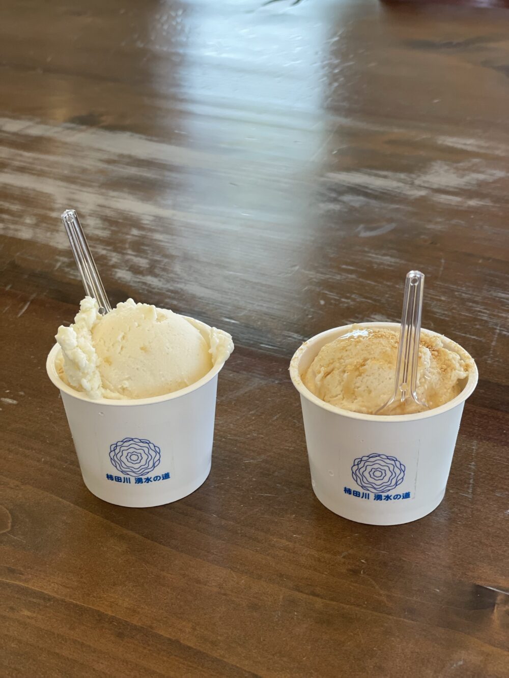 柿田川豆腐館名物のとうふアイス。左はプレーン、右はきなこ味