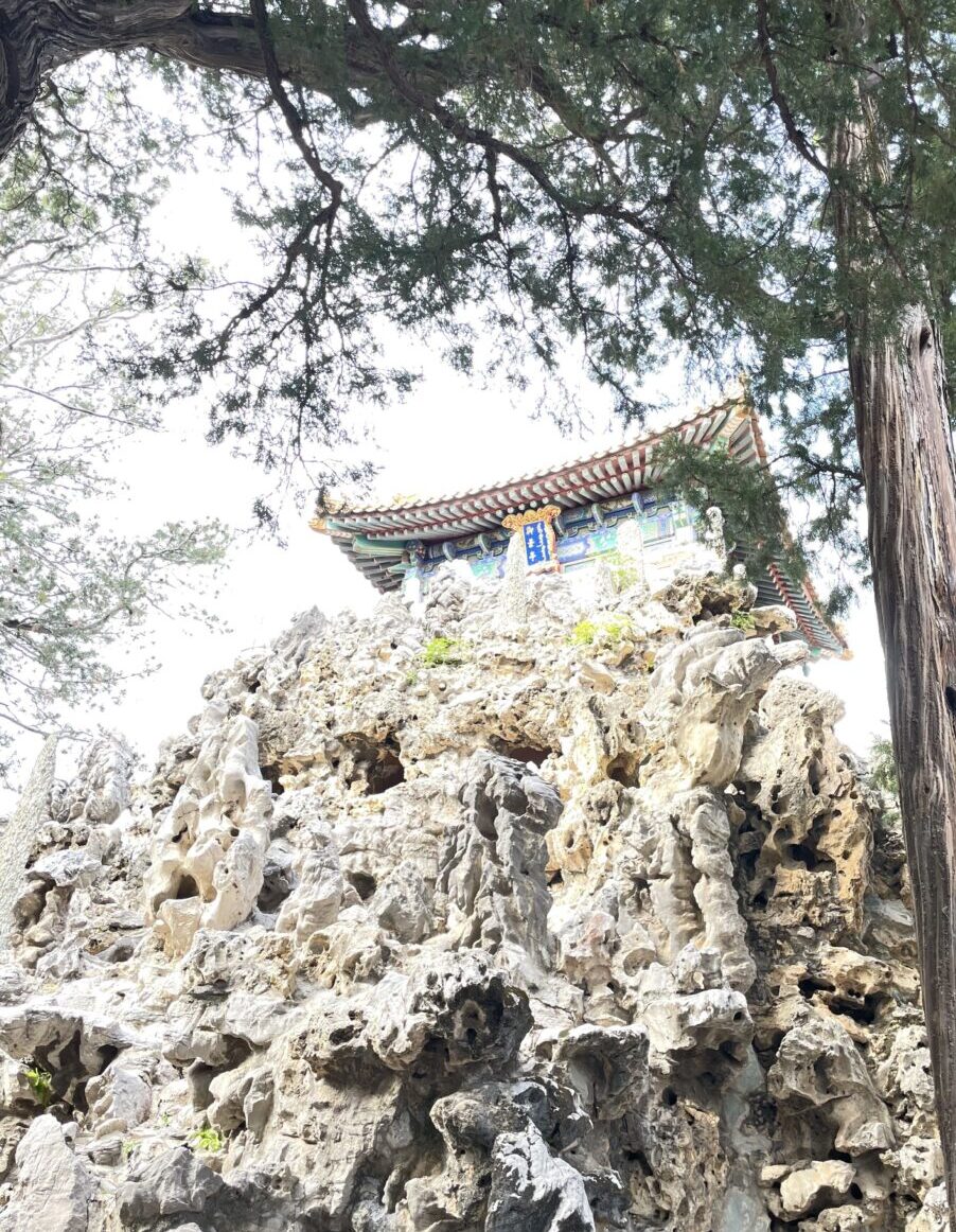 御花園の堆秀山に積まれた太湖石と木々の間から見える御景亭