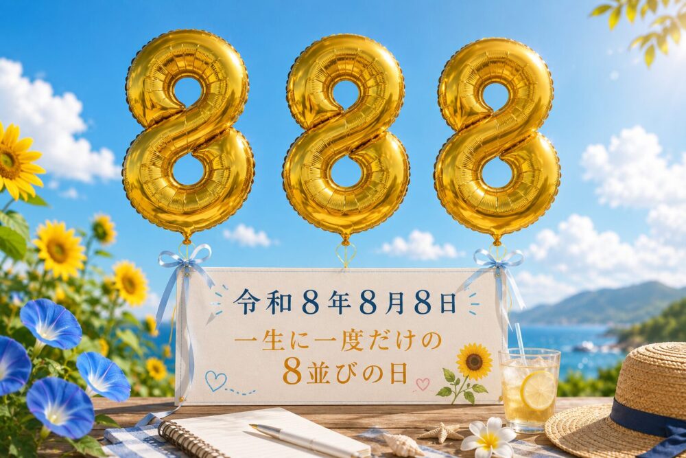 令和8年8月8日の一生に一度だけの8並びの日をイメージした、夏空と金色の888バルーンのイラスト