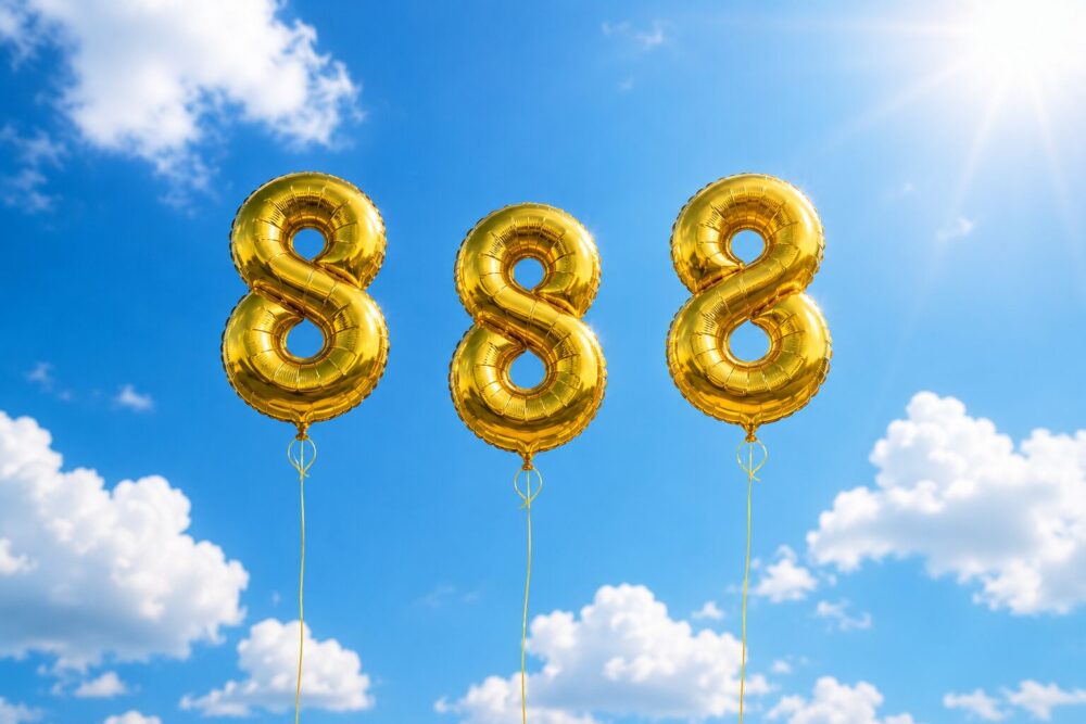 夏の青空に浮かぶ金色の「888」バルーン