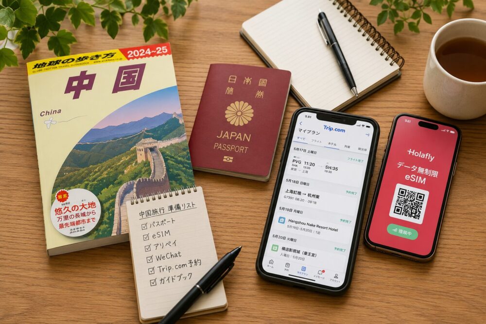 中国旅行の準備に必要なパスポート、ガイドブック、スマートフォン、eSIMを並べた出発前の準備風景