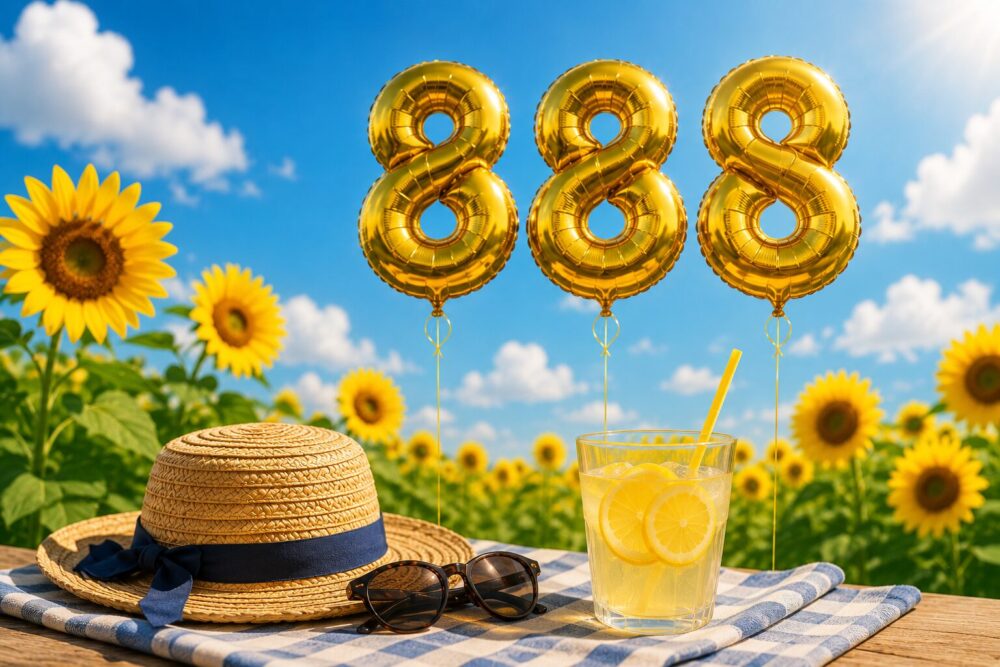 ひまわり畑と金色の「888」バルーンが彩る夏の風景