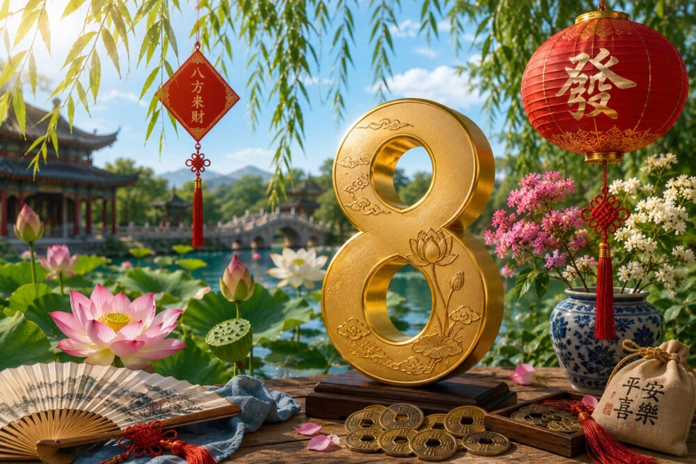 中国で縁起が良いとされる数字「8」を、蓮の花や赤い提灯、穴あき古銭とともに表現した夏の中国風イメージイラスト