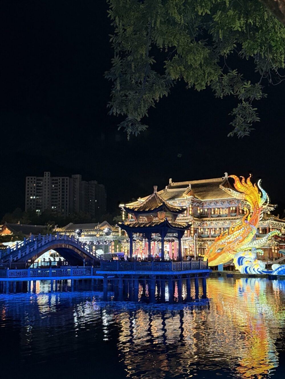 横店影視城・清明上河図の夜景。ライトアップされた楼閣と橋、水辺に設置された巨大な魚の灯籠が輝く幻想的な風景