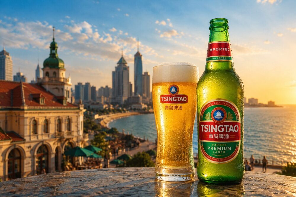 青島の海を背景に青島ビールとグラスビールが並ぶイメージ画像