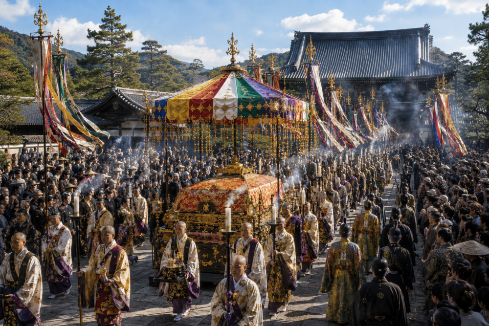 織田信長の大徳寺での葬儀をイメージした画像。五色の天蓋と幡、金襴に包まれた棺、僧侶、沈香の煙が広がる様子