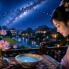 中国の七夕節の乞巧で水に浮かべた針を見る女性と天の川に鵲橋をつくるカササギ