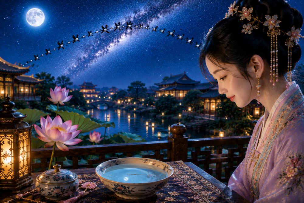 中国の七夕節の乞巧で水に浮かべた針を見る女性と天の川に鵲橋をつくるカササギ